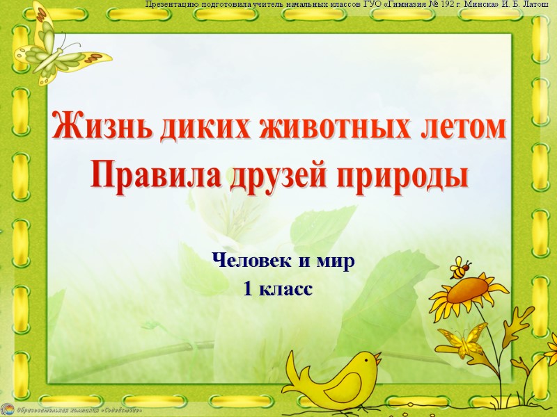 Жизнь диких животных летом Правила друзей природы Презентацию подготовила учитель начальных классов ГУО «Гимназия